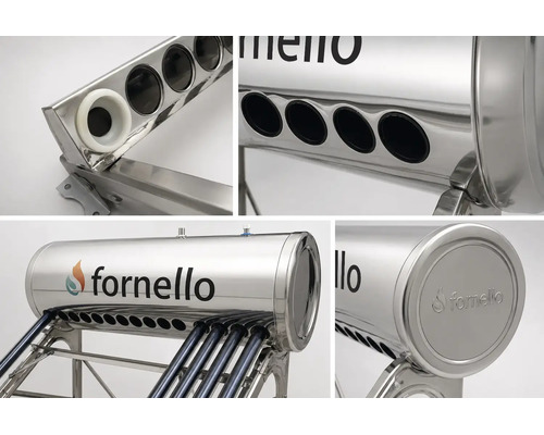Boiler solar Fornello din inox cu tuburi vidate și Fornello Logo, detalii ale conexiunilor și garniturilor.