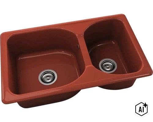 Chiuvetă de bucătărie cu două cuve din ceramică, culoare teracotă, cu scurgeri din oțel inoxidabil. (Image AI modified or generated)
