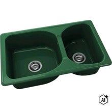 Chiuvetă încorporabilă cu două cuve de dimensiuni diferite și ventile cu sită. (Image AI modified or generated)