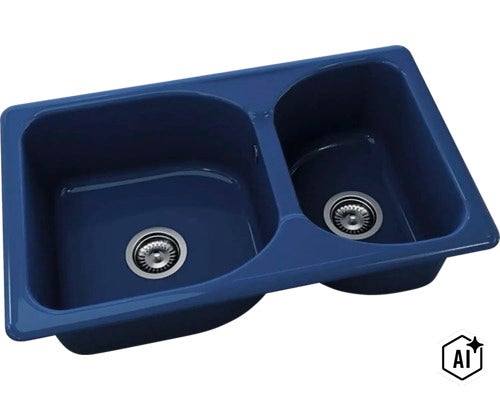 Chiuvetă dublă cu două cuve de dimensiuni diferite și ventil cu sită. (Image AI modified or generated)