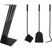 Set modern de accesorii pentru șemineu, negru, compus din lopată, mătură, vătrai și un suport metalic în formă de Z.