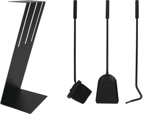 Set modern de accesorii pentru șemineu, negru, compus din lopată, mătură, vătrai și un suport metalic în formă de Z.