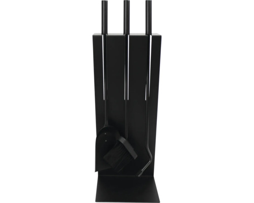 Set de accesorii pentru șemineu din trei piese din metal negru, compus din lopată, mătură și vătrai într-un suport modern.