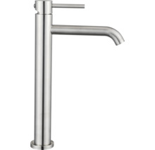 Baterie monocomandă pentru lavoar, model înalt, din metal periat pentru băi moderne.