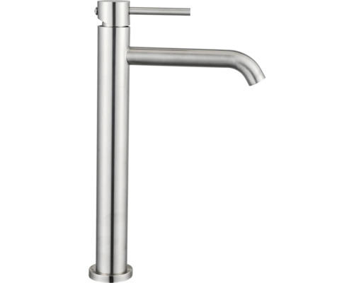Baterie monocomandă pentru lavoar, model înalt, din metal periat pentru băi moderne.