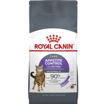 Pachet de hrană pentru pisici Royal Canin Appetite Control cu o pisică tărcată pe partea frontală.