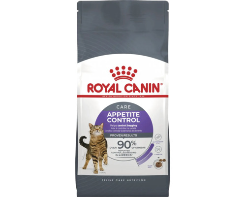 Pachet de hrană pentru pisici Royal Canin Appetite Control cu o pisică tărcată pe partea frontală.