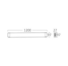 Desen tehnic pentru un corp de iluminat dreptunghiular cu dimensiuni de 1200 milimetri lungime, 97 milimetri înălțime și 27 milimetri adâncime.