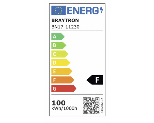 Etichetă energetică Uniunea Europeană Braytron BN17-11230, clasa F, 100 kilowați-oră la 1000 de ore.