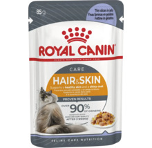 Royal Canin Care Hair und Skin hrană pentru pisici, feliuțe subțiri în jeleu, pliculeț de 85 grame.