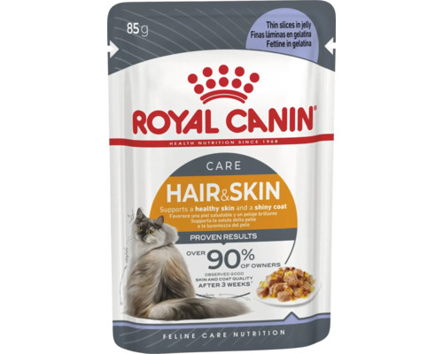 Royal Canin Care Hair und Skin hrană pentru pisici, feliuțe subțiri în jeleu, pliculeț de 85 grame.