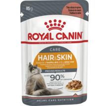 Hrană umedă pentru pisici Royal Canin Hair și Skin Care, plic de 85 grame pentru piele sănătoasă și blană strălucitoare.