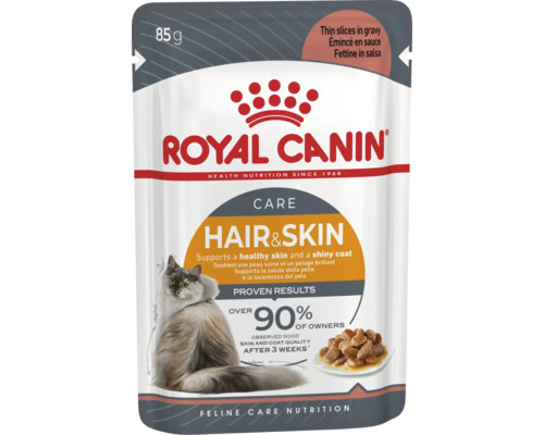 Hrană umedă pentru pisici Royal Canin Hair și Skin Care, plic de 85 grame pentru piele sănătoasă și blană strălucitoare.