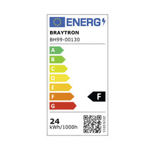 Etichetă energetică a Uniunii Europene pentru Braytron BH99-00130, clasa de eficiență energetică F, consum 24 de kilowați-oră la 1000 de ore.