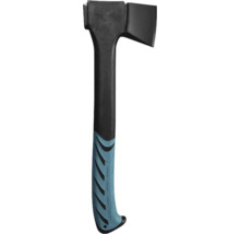 Topor cu cap din oțel negru și mâner ergonomic din plastic.