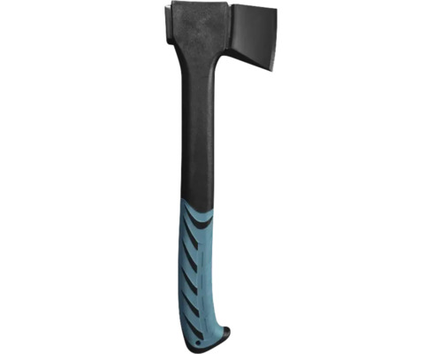 Topor cu cap din oțel negru și mâner ergonomic din plastic.