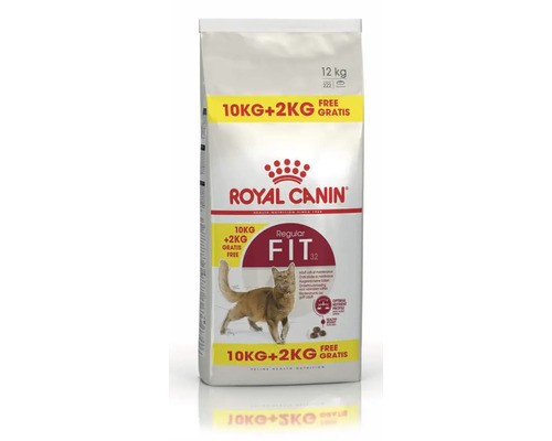 Hrană pentru pisici Royal Canin Regular Fit 32 pentru pisici adulte, pachet de 12 kilograme conținând 10 kilograme plus 2 kilograme gratuit.