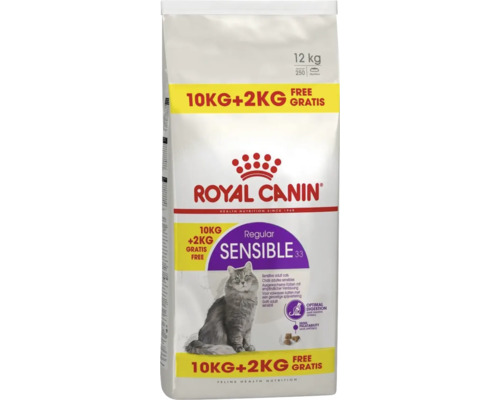 Royal Canin Logo, pachet de 12 kilograme de hrană uscată pentru pisici adulte, Sensible 33 pentru digestie sensibilă.