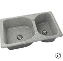 Chiuvetă din material compozit gri cu două cuve, o cuvă mare și una mică, inclusiv ventil cu sită și preaplin integrat. (Image AI modified or generated)