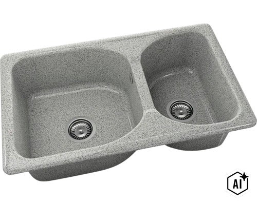 Chiuvetă din material compozit gri cu două cuve, o cuvă mare și una mică, inclusiv ventil cu sită și preaplin integrat. (Image AI modified or generated)