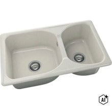 Chiuvetă dublă din material compozit cu două cuve și ventile cu sită din oțel inoxidabil. (Image AI modified or generated)