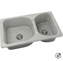 Chiuvetă încorporabilă cu două cuve de dimensiuni diferite din material compozit cu două scurgeri cu sită. (Image AI modified or generated)