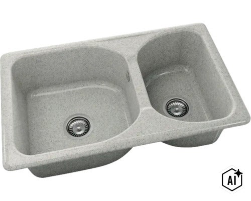 Chiuvetă încorporabilă cu două cuve de dimensiuni diferite din material compozit cu două scurgeri cu sită. (Image AI modified or generated)