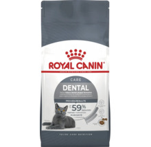 Hrană uscată pentru pisici Royal Canin Dental Care pentru îngrijire dentară cu imaginea unei pisici și Royal Canin Logo.