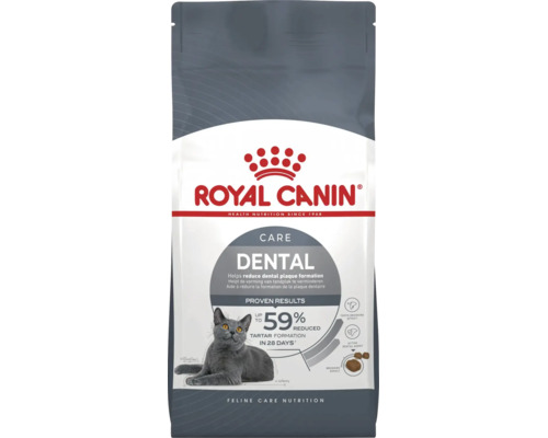Hrană uscată pentru pisici Royal Canin Dental Care pentru îngrijire dentară cu imaginea unei pisici și Royal Canin Logo.