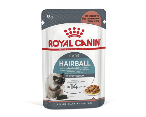 Hrană umedă pentru pisici Royal Canin Hairball Care, felii subțiri în sos pentru reducerea ghemelor de blană, plic de 85 grame.