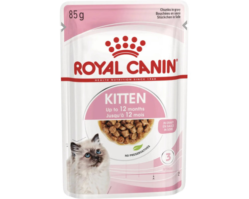 Royal Canin Logo, hrană umedă Royal Canin Kitten, bucățele în sos, 85 grame, pentru pui de pisică până la 12 luni, fără conservanți.