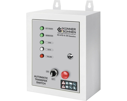 Comutator de transfer automat Könner & Söhnen KS ATS 4/25 Gasoline cu indicatoare luminoase, comutator rotativ și buton de oprire de urgență.