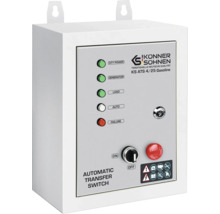 Comutator de transfer automat Könner & Söhnen KS ATS 4/25 Gasoline, carcasă metalică, indicatoare luminoase, oprire de urgență și Könner & Söhnen Logo.