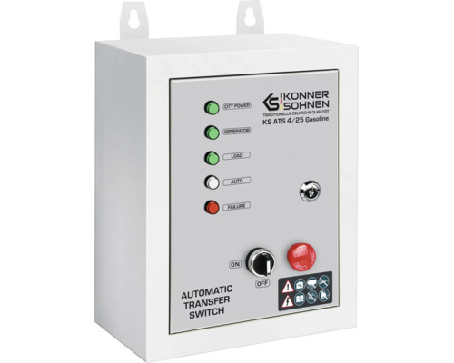 Comutator de transfer automat Könner & Söhnen KS ATS 4/25 Gasoline, carcasă metalică, indicatoare luminoase, oprire de urgență și Könner & Söhnen Logo.