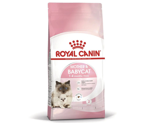 Hrană uscată Royal Canin Mother și Babycat pentru pisici mame și pui cu vârsta între 1 și 4 luni.