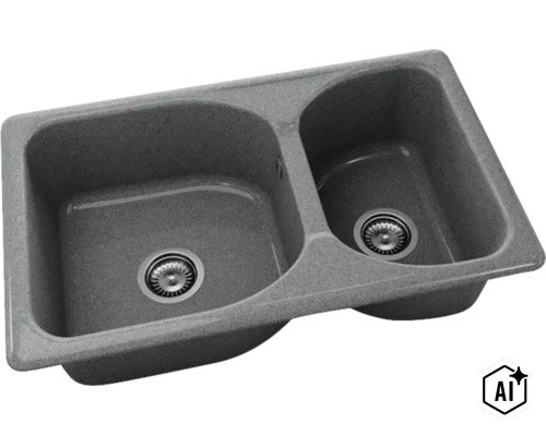 Chiuvetă de bucătărie dublă din compozit de granit gri, cu două cuve și ventile cu sită. (Image AI modified or generated)
