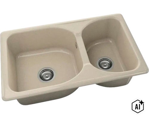 Chiuvetă äncorporabilă cu două cuve din compozit de granit inclusiv două ventile cu sită (Image AI modified or generated)