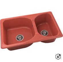 Chiuvetă încorporabilă din compozit de granit cu o cuvă mare, o cuvă mică și ventile tip sită. (Image AI modified or generated)
