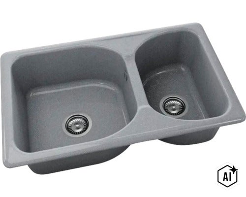 Chiuvetă de bucătărie cu două cuve din compozit de granit gri inclusiv ventile de scurgere. (Image AI modified or generated)