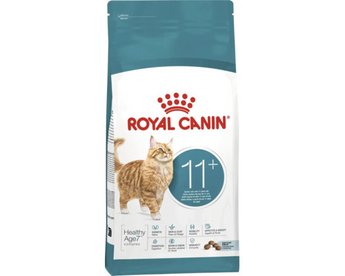 Royal Canin Logo. Hrană uscată pentru pisici peste unsprezece ani, susține rinichii, blana, mobilitatea, greutatea, digestia și imunitatea.