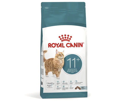 Logo Royal Canin, hrană Royal Canin pentru pisici de peste unsprezece ani pentru rinichi, blană, mobilitate și apetit.