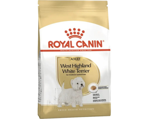 Royal Canin Logo, hrană uscată pentru câini adulți West Highland White Terrier de peste 10 luni pentru sănătatea pielii și a blănii.