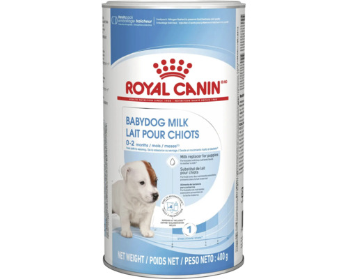 Royal Canin Babydog Milk, înlocuitor de lapte pentru căței de la zero la două luni, cutie de 400 de grame cu Royal Canin Logo.