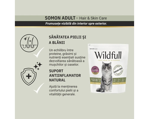 Hrană Wildfull 1.5 kilograme cu somon pentru pisici adulte, îngrijirea pielii și a blănii, suport antiinflamator, fără cereale.