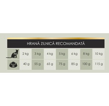 Tabel cu recomandări de hrănire zilnică pentru pisici: indică cantitatea de hrană în grame în funcție de greutatea pisicii în kilograme.