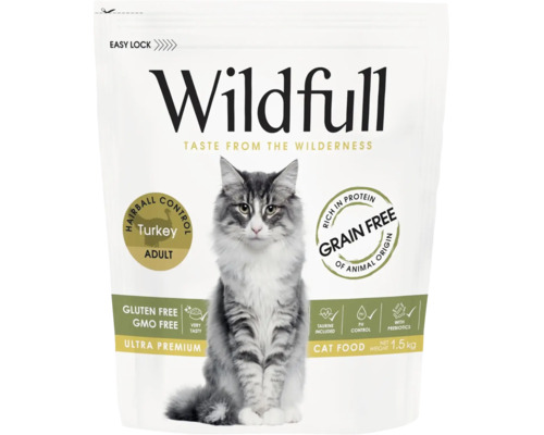 Hrană pentru pisici Wildfull Adult curcan, fără cereale, fără gluten, fără organisme modificate genetic, pachet de 1,5 kilograme cu o pisică.