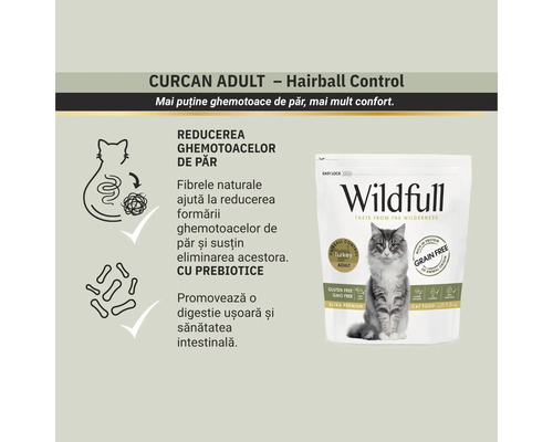 Hrană pisici Wildfull Hairball Control Curcan Adult, fără cereale, cu prebiotice pentru digestie și reducerea ghemotoacelor de păr, 1,5 kilograme.