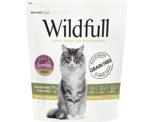 Hrană pentru pisici adulte Wildfull cu somon, 1,5 kilograme. Hrană ultra premium fără cereale și fără gluten pentru îngrijirea pielii și a blănii.