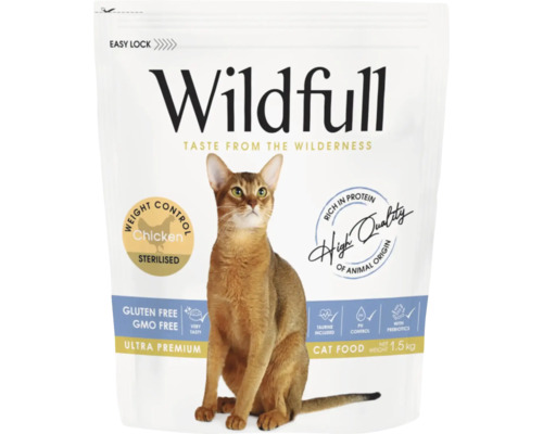 Hrană pentru pisici Wildfull Sterilised pui pentru controlul greutății, 1,5 kilograme, fără gluten și fără organisme modificate genetic.