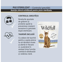 Grafic informativ pentru hrana de pisici sterilizate Wildfull cu controlul greutății și taurină pentru sănătatea inimii și a vederii.